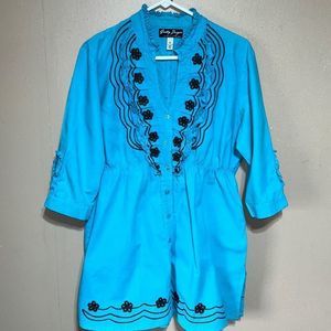 Vintage Y2K Gretty Zueger turquoise blue embroidered ruffle babydoll tunic XL